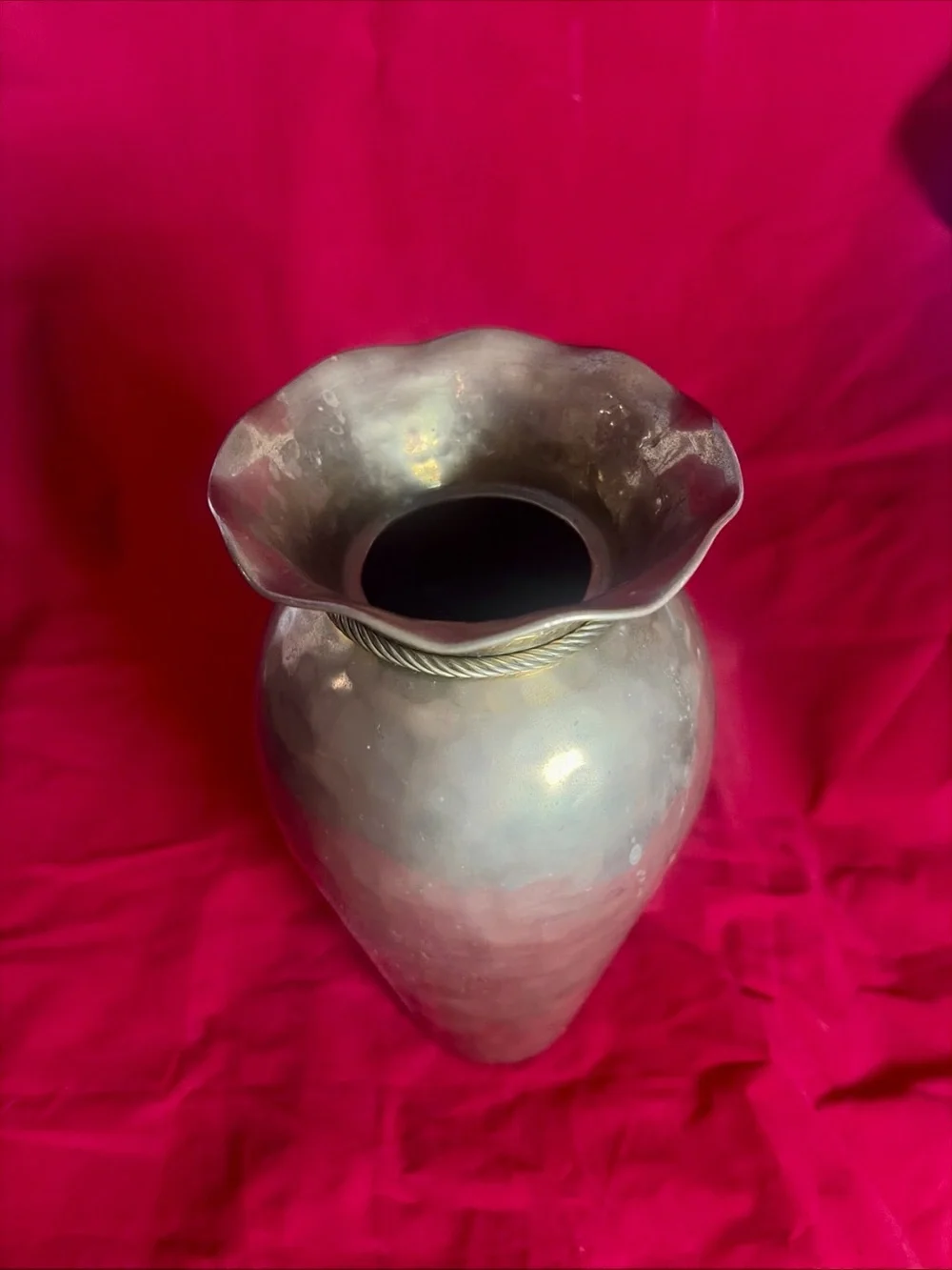 VTG Hammered Brass Vase Rope Twist Accent Wavy Rim Handmade 9